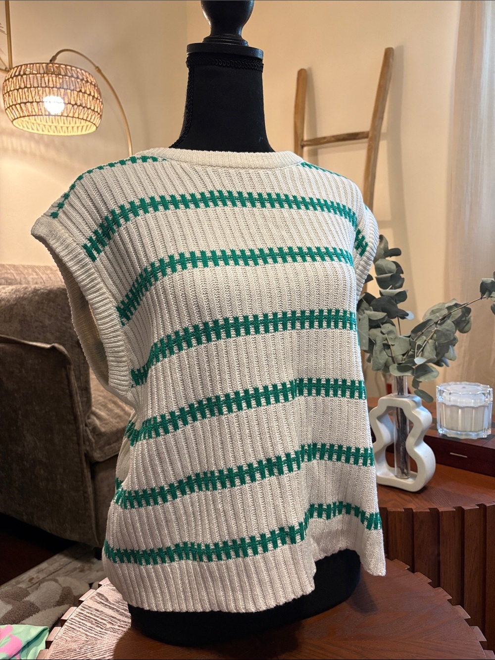 Cream and Green Striped Knit Sleeveless Top